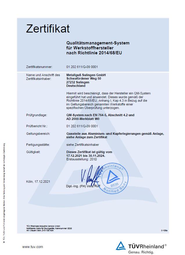 TÜV Rheinland, QM-System für Werkstoffhersteller